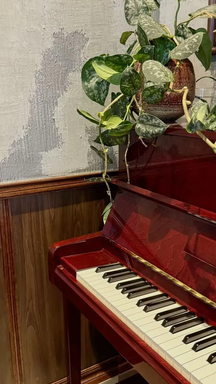 Red upright piano with a trailing pothos plant